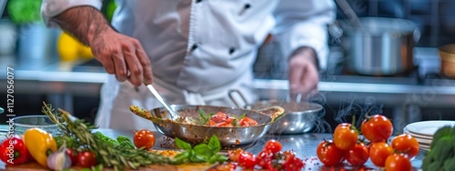 Chef preparing a vibrant dish in a professional kitchen