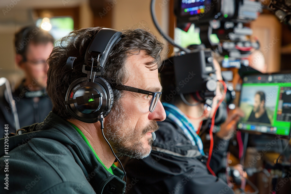 Director wearing headphones, watching monitors with crew, capturing a dramatic close-up shot Director wearing headphones, watching monitors with crew, capturing a dramatic close-up shot