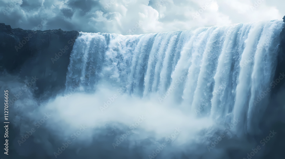 Clouds and mist swirl around the base of an impressive waterfall cascade in the midst of a stormy weather , stormy weather, dramatic scene, mist. Cascade. Illustration Clouds and mist swirl around the base of an impressive waterfall cascade in the midst of a stormy weather , stormy weather, dramatic scene, mist. Cascade. Illustration