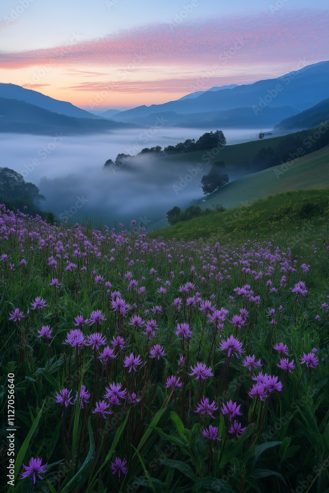 Fototapeta premium A beautiful field of purple flowers with a mountain in the background. The sky is a mix of pink and blue, creating a serene and peaceful atmosphere