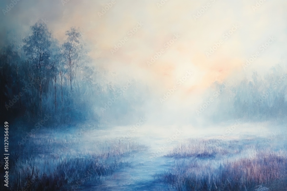 Serene Winter Sunrise Over Foggy Water and Trees Serene Winter Sunrise Over Foggy Water and Trees