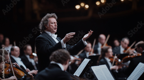 The orchestra is playing in a concert hall. The conductor is wearing a formal suit and is standing on a podium. The musicians are seated and are wearing black suits and white shirts