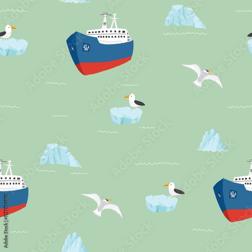 Icebreaker and icebergs seamless pattern. Cute Cartoon arctic nature background. Vector Illustration.