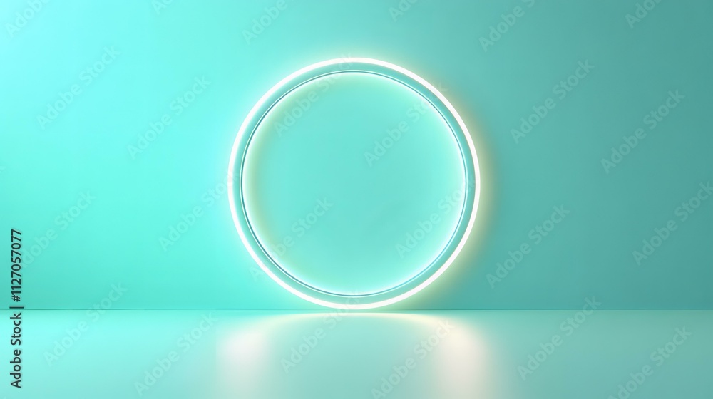 Glowing Circular Neon Light Installation in a Turquoise Room Glowing Circular Neon Light Installation in a Turquoise Room