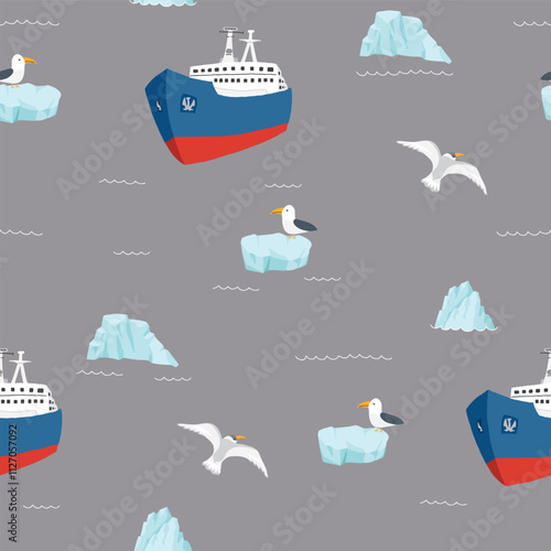 Icebreaker and icebergs seamless pattern. Cute Cartoon arctic nature background. Vector Illustration.