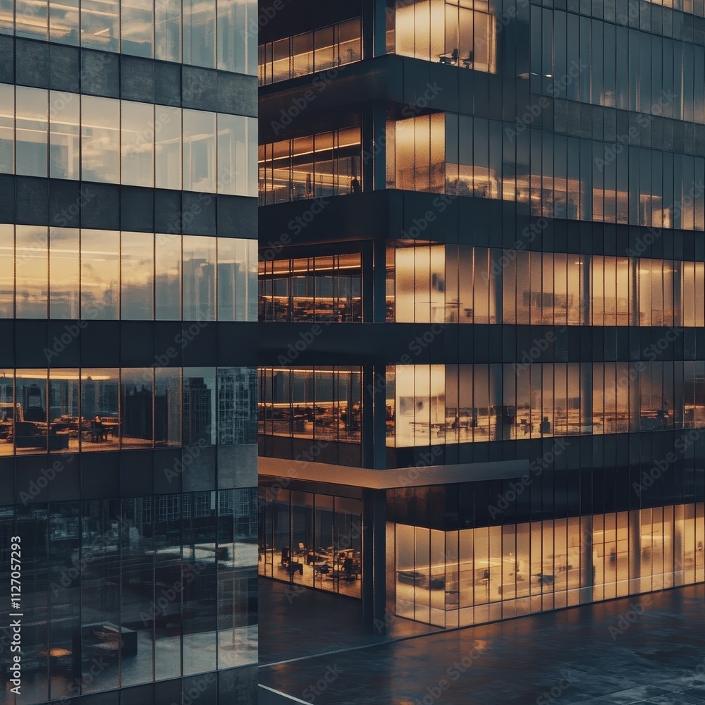 Sunset Reflection on Modern Architectural Office Building Sunset Reflection on Modern Architectural Office Building