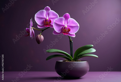 Elegant purple orchid in a dark pot showcasing its vibrant blooms against a deep purple backdrop.