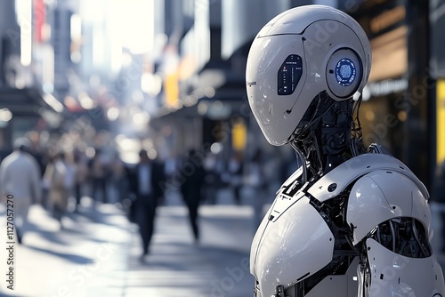 A humanoid robot stands in a busy urban setting, showcasing advanced technology and design.