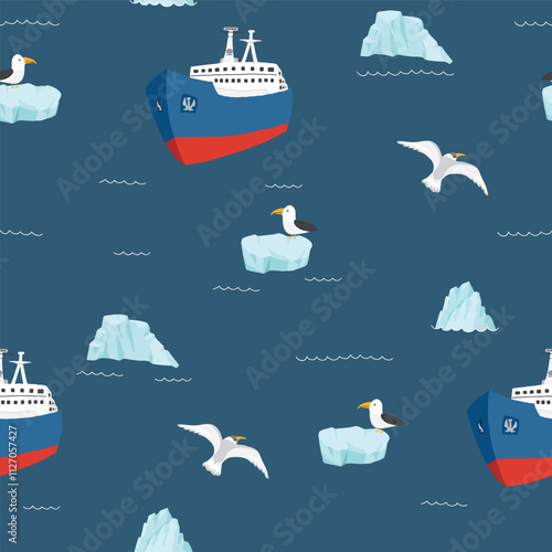 Icebreaker and icebergs seamless pattern. Cute Cartoon arctic nature background. Vector Illustration.