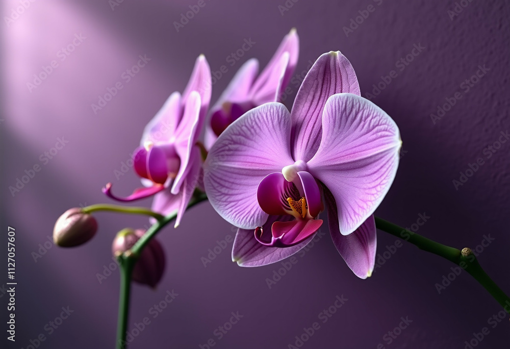 Naklejka premium Elegant purple orchids illuminated by soft light against a dark background.