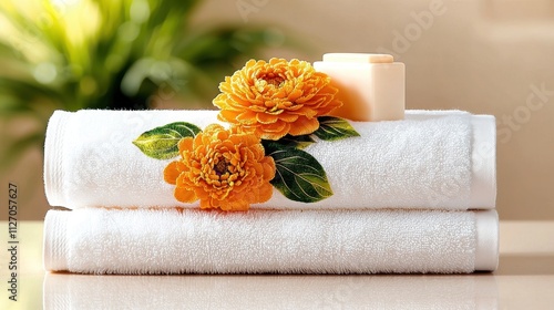 A plush white towel adorned with a vibrant, blooming flower design rests softly on a matching towel, adding a touch of elegance and charm to the bathroom decor. photo