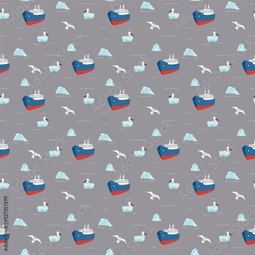 Icebreaker and icebergs seamless pattern. Cute Cartoon arctic nature background. Vector Illustration.