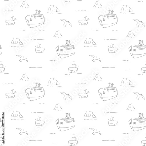 Icebreaker and icebergs seamless pattern. Cute Cartoon arctic nature background. Vector Illustration.