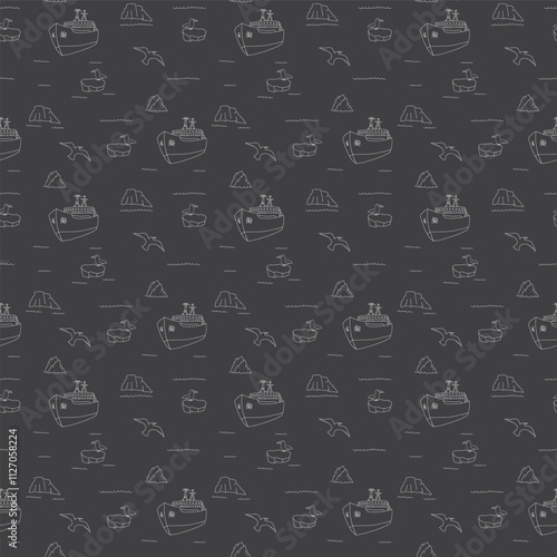 Icebreaker and icebergs seamless pattern. Cute Cartoon arctic nature background. Vector Illustration.