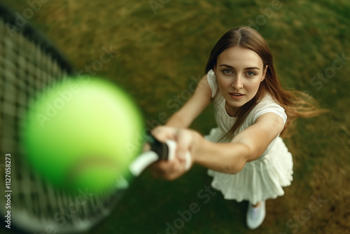 Powerful tennis shot on an indoor court