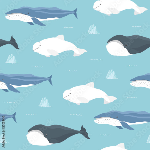 Polar sea animals seamless pattern. Cute Cartoon arctic animals, marine animals and fish, background. Vector Illustration.