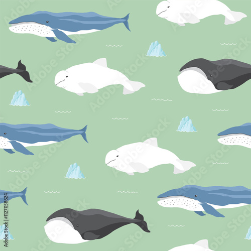 Polar sea animals seamless pattern. Cute Cartoon arctic animals, marine animals and fish, background. Vector Illustration.