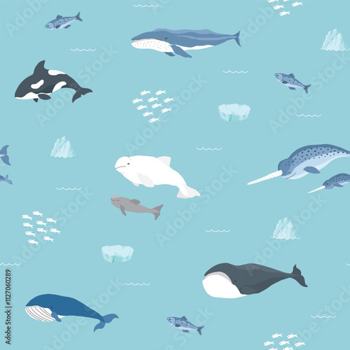 Polar sea animals seamless pattern. Cute Cartoon arctic animals, marine animals and fish, background. Vector Illustration.