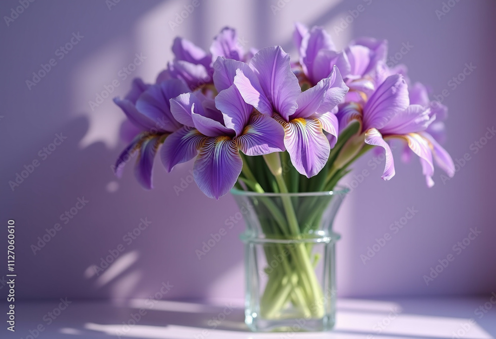 A bouquet of delicate purple irises bathed in sunlight arranged in a clear glass vase. A bouquet of delicate purple irises bathed in sunlight arranged in a clear glass vase.