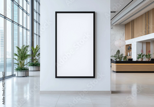 modern interior featuring large empty white poster frame on wall  surrounded by plants and sleek furniture  creating minimalist and inviting atmosphere