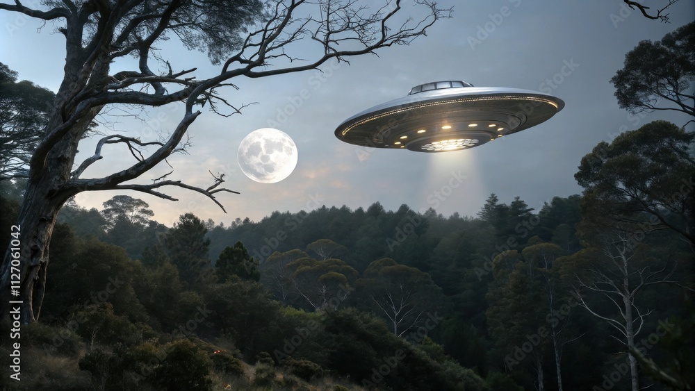 A mysterious, metallic, saucer-shaped object hovers over a dense, wooded landscape, illuminated by the soft glow of the moon. A mysterious, metallic, saucer-shaped object hovers over a dense, wooded landscape, illuminated by the soft glow of the moon.