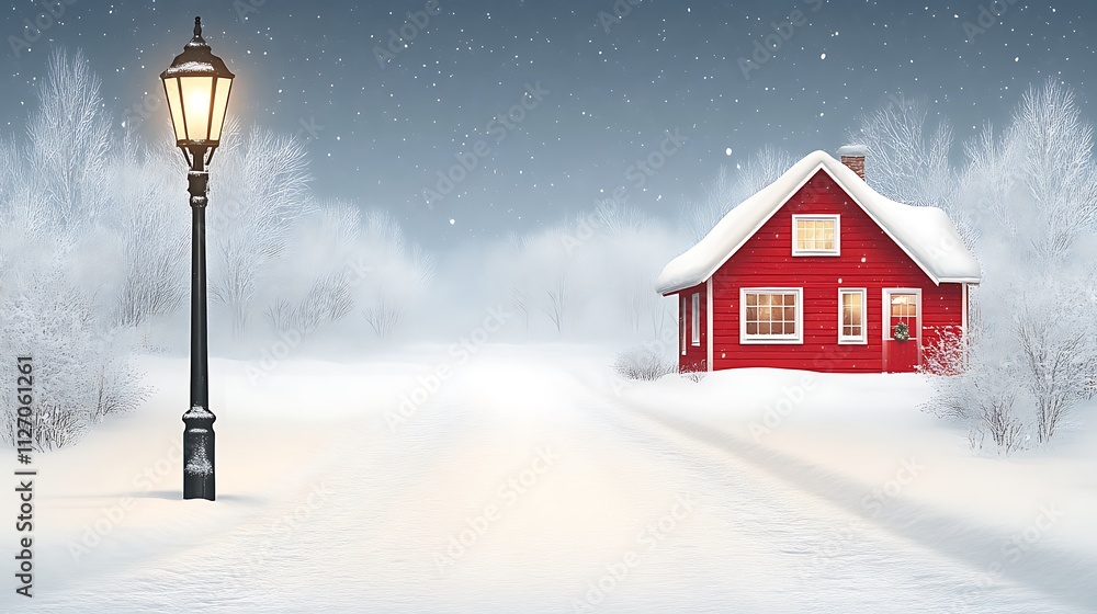 A Red House Winter Scene With Lamppost And Snow A Red House Winter Scene With Lamppost And Snow