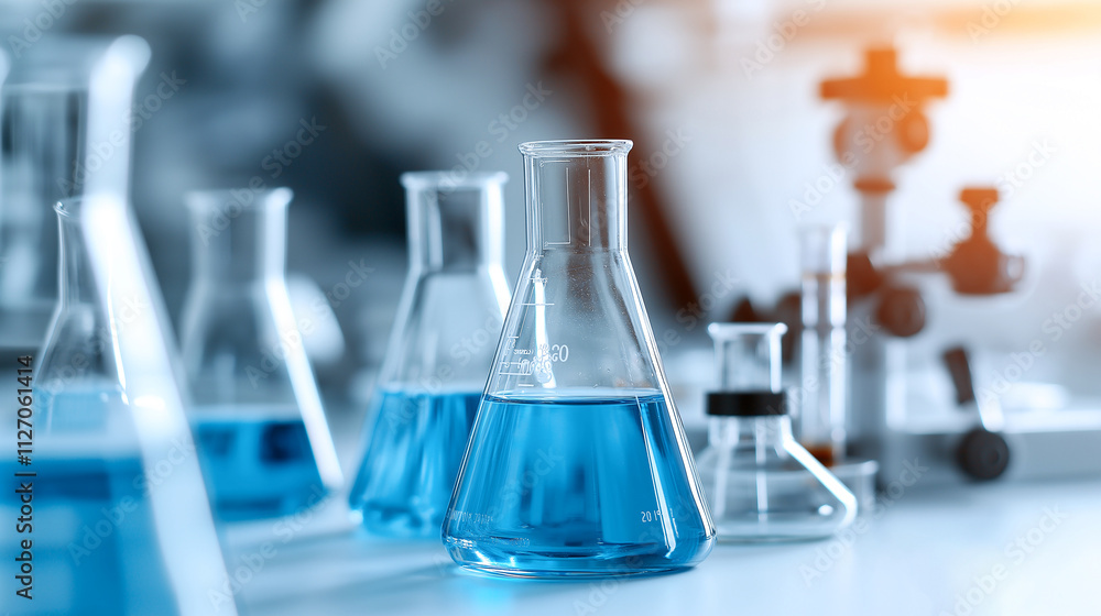 set of glass beakers filled with blue liquid, showcasing laboratory equipment and scientific research. scene conveys sense of experimentation and discovery set of glass beakers filled with blue liquid, showcasing laboratory equipment and scientific research. scene conveys sense of experimentation and discovery