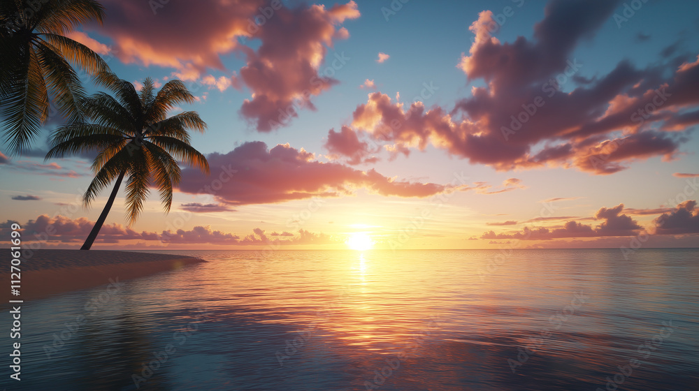 Obraz premium stunning sunset over exotic beach with palm trees, vibrant colors, and calm waters creates serene atmosphere. reflection on water enhances beauty of this tropical paradise