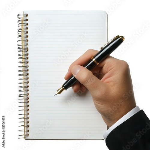 Hand holding a pen about to write on a notebook isolated on white background