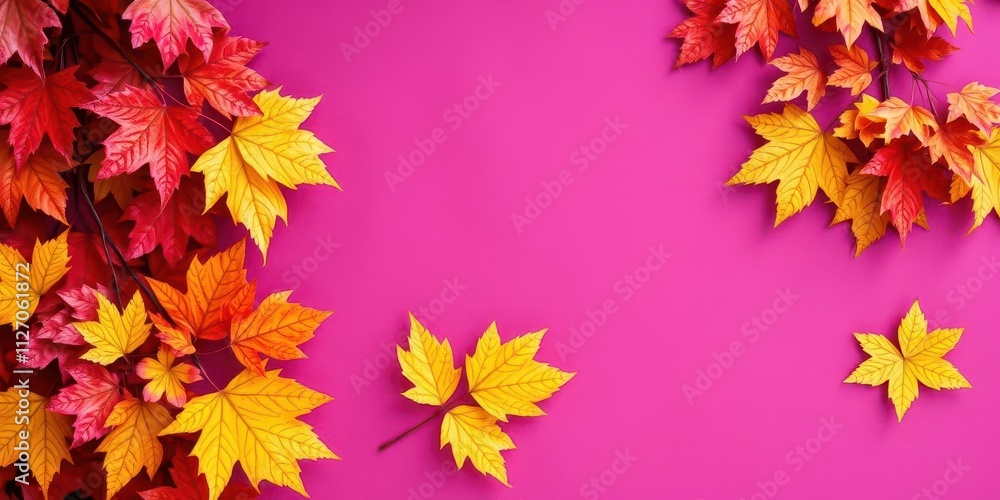 Dry orange metallic leaves arranged in a pattern on a vibrant violet background, design, decoration Dry orange metallic leaves arranged in a pattern on a vibrant violet background, design, decoration