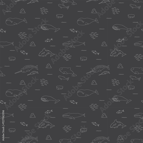 Polar sea animals seamless pattern. Cute Cartoon arctic animals, marine animals and fish, background. Vector Illustration.