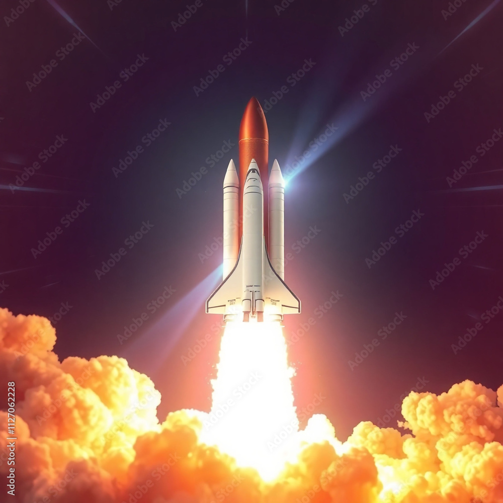 Fototapeta premium Space shuttle launch with smoke and flames, isolated on white background, high detail PNG transparent.