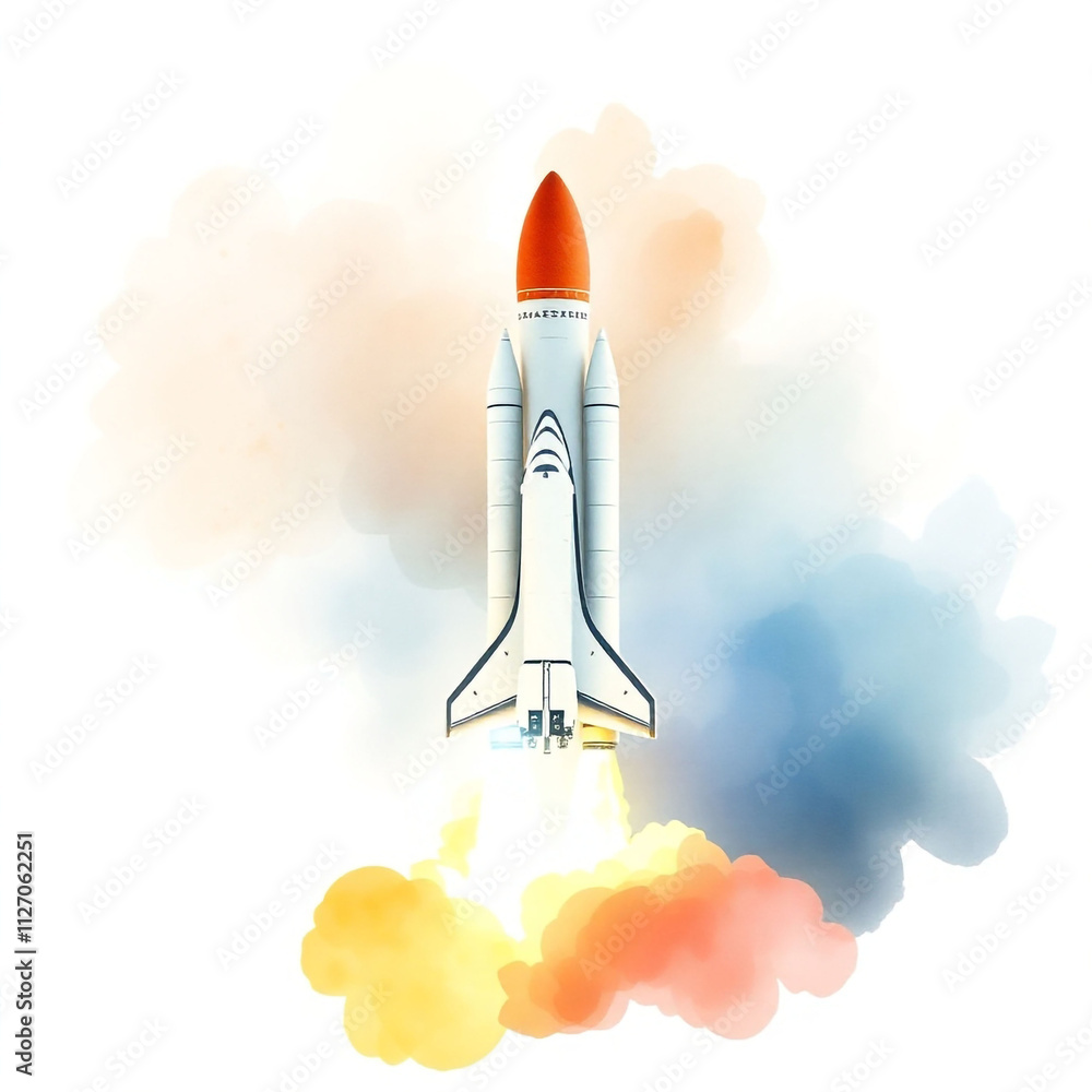 Naklejka premium Space shuttle launch with smoke and flames, isolated on white background, high detail PNG transparent.