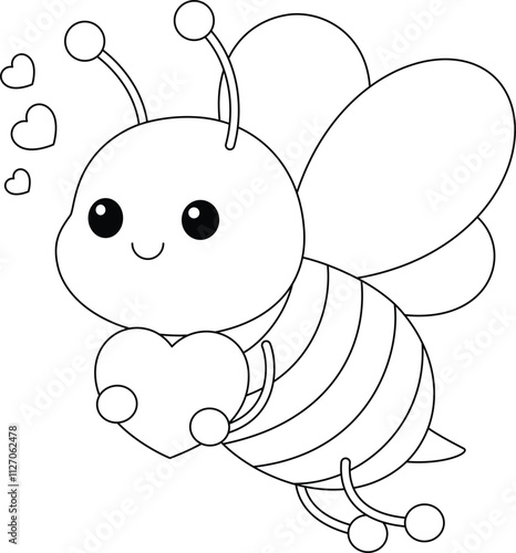 Cute kawaii cartoon character bee with heart coloring page for kids