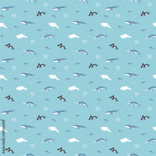 Polar sea animals seamless pattern. Cute Cartoon arctic animals, marine animals and fish, background. Vector Illustration.