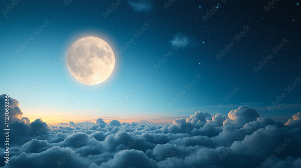 Obraz premium beautiful night sky with full moon shining brightly over fluffy clouds, creating serene and tranquil atmosphere. stars twinkle softly in background, enhancing magical scene