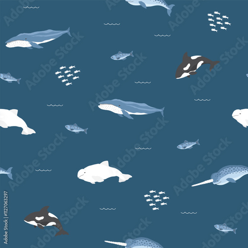 Polar sea animals seamless pattern. Cute Cartoon arctic animals, marine animals and fish, background. Vector Illustration.