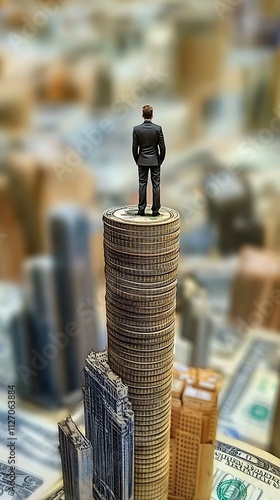 A miniature figure stands atop a stack of coins, symbolizing financial success and ambition.