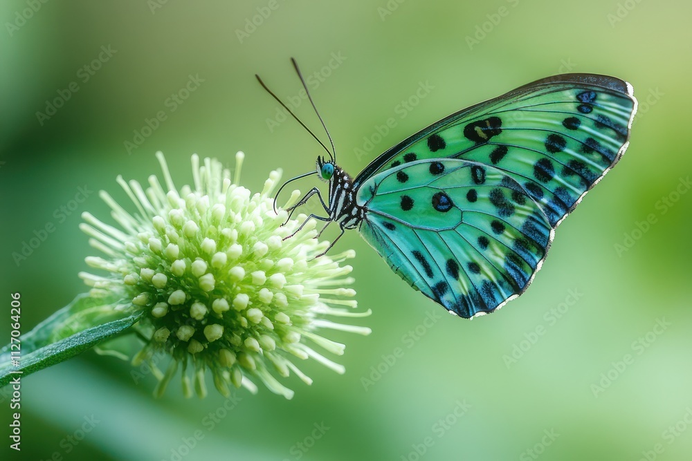 Fototapeta premium A butterfly in shades of green and blue hovering over a soft green flower, captured in natural light with perfect focus and detail.