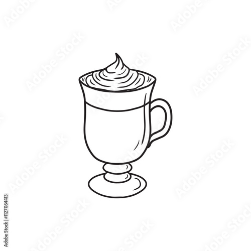Glass with hot coffee drink with whipped cream isolated on white background. Hand drawn vector sketch illustration in doodle engraved vintage line art style. Cozy winter drink, cocoa, tea.
