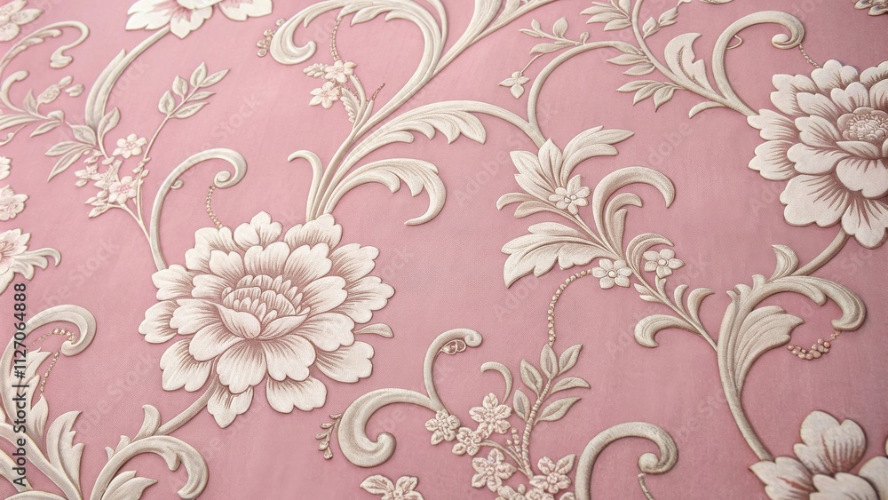 A close-up image of embossed floral wallpaper featuring delicate white flowers on a soft pink background, showcasing intricate patterns and a vintage aesthetic. A close-up image of embossed floral wallpaper featuring delicate white flowers on a soft pink background, showcasing intricate patterns and a vintage aesthetic.