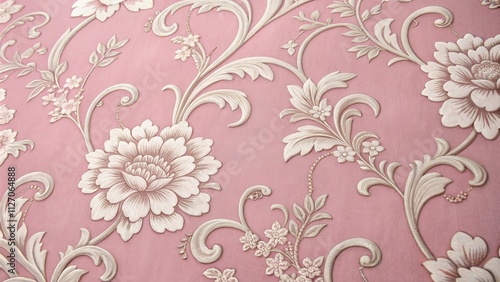 A close-up image of embossed floral wallpaper featuring delicate white flowers on a soft pink background, showcasing intricate patterns and a vintage aesthetic.