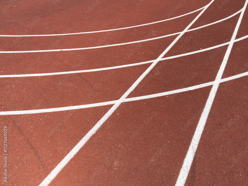 Red treadmill with the lines at the stadium. Treadmill lane on sport field. Running track on the stadium. Red treadmill in sport field. Running track Red treadmill with the lines at the stadium. Treadmill lane on sport field. Running track on the stadium. Red treadmill in sport field. Running track