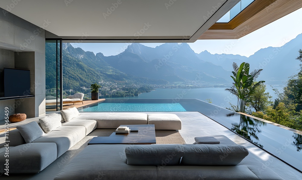 Fototapeta premium High-End Living Room with Glass Walls Offering a Stunning View of an Infinity Pool and Mountain