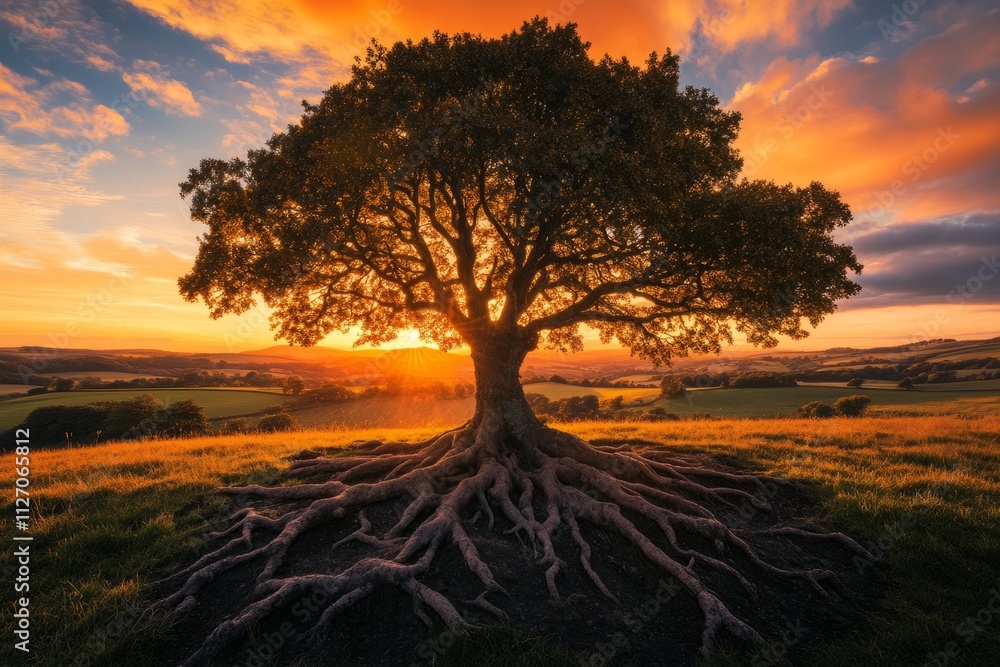 A majestic tree stands tall against a stunning sunset. Its roots connect deeply to the earth. Nature offers beauty and tranquility. Generative AI A majestic tree stands tall against a stunning sunset. Its roots connect deeply to the earth. Nature offers beauty and tranquility. Generative AI
