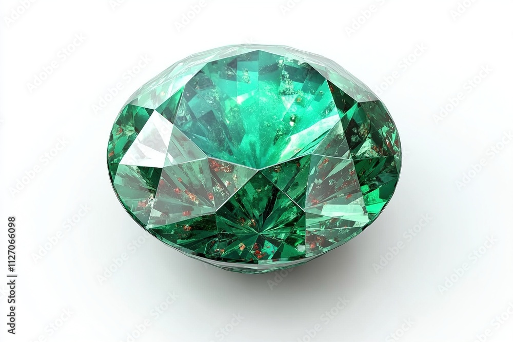 Emerald green gemstone with intricate facets on white background. Emerald green gemstone with intricate facets on white background.