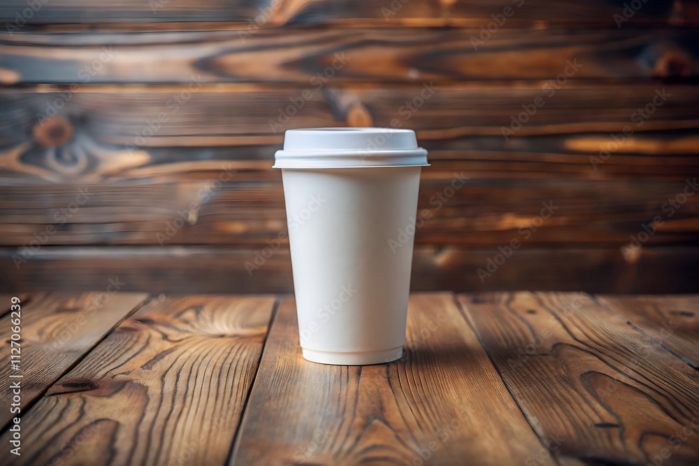 White coffee to go cup on wooden table, mockup, White coffee to go cup on wooden table, mockup,