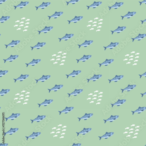 Cute fish seamless pattern. Cartoon salmon and sardines, background. Vector Illustration.