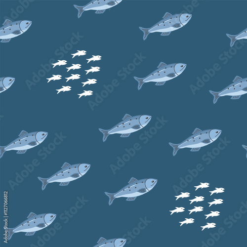 Cute fish seamless pattern. Cartoon salmon and sardines, background. Vector Illustration.