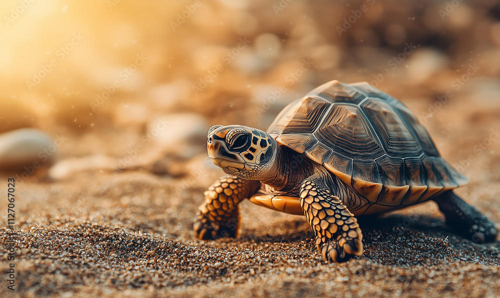 Turtle crawling on sandy beach under soft sunlight nature photography coastal environment close-up view Turtle crawling on sandy beach under soft sunlight nature photography coastal environment close-up view